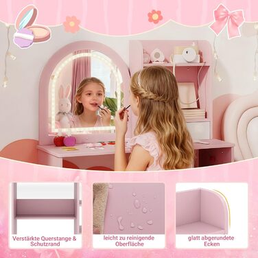 Детский туалетный столик Dreamade для девочек с LED-подсветкой, принцесса, деревянный, с полками и 5 ящиками, белый (с полками, розовый)