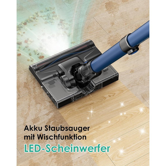 Акумуляторний пилосос з функцією миття підлоги, 45000Pa/550W/60 Min, безщітковий двигун, LED-дисплей, самостійна парковка, для твердих поверхонь, килимів та шерсті тварин, блакитний