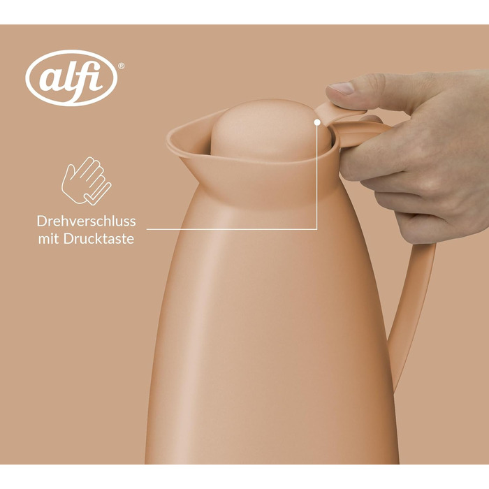 Термос Alfi ECO 1.0л з термоізоляційним скляним вкладишем, пластиковий корпус, кришка з кнопкою, зручний для наливання однією рукою, для кави та чаю, BPA-free (Абрикосовий)