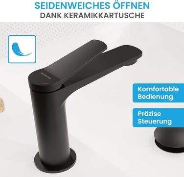 Змішувач для умивальника Bächlein Aldeya чорний матовий з монтажним комплектом, високий однорідний змішувач для накладної раковини