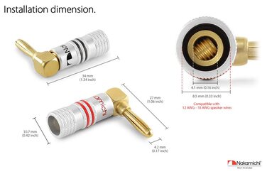 Заглушки-бананки Nakamichi 24K позолочені 4мм, 8 шт. , для колонок та підсилювачів, прямий кут