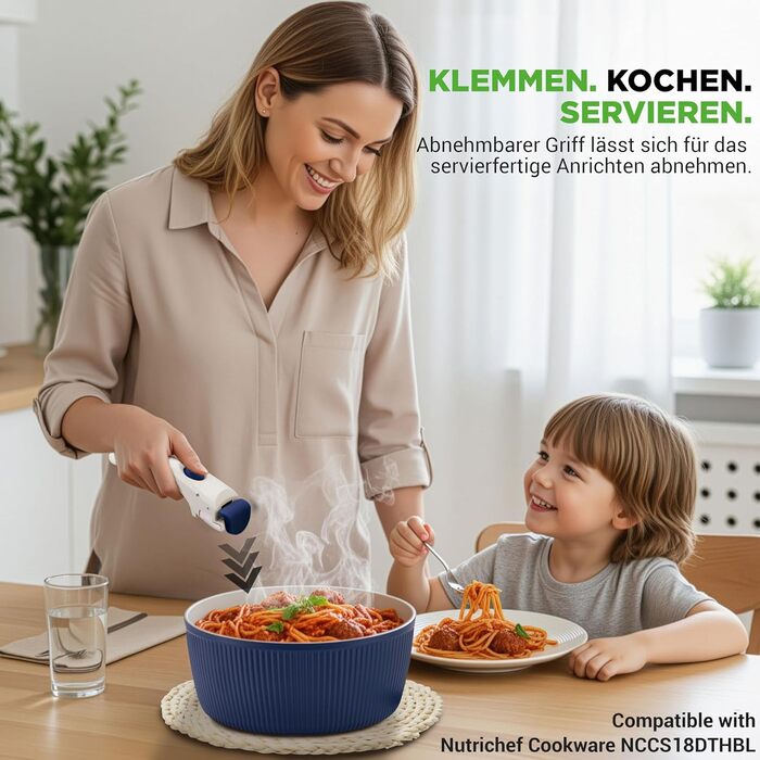 Набір посуду NutriChef 18 предметів з кераміки з знімними ручками. Підходить для індукційних плит, антипригарне покриття, компактний, можна складати, безпечний у духовці, для всіх типів плит (синій, знімний грифель)