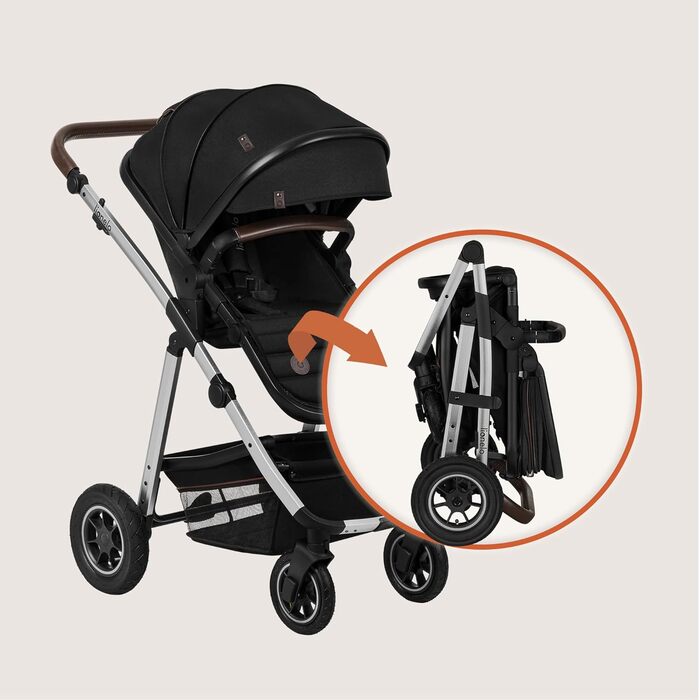 Коляска Lionelo Amber 3-в-1: люлька, автокрісло i-Size, прогулянкове сидіння, повітряні колеса, поворотне сидіння, XXL капюшон UPF 50+, сумка, москітна сітка, дощовик, чорно-срібна