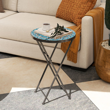 Outsunny Side Table Складаний садовий стіл з мозаїчним дизайном, Ø35,5 x 55 см Круглий стійкий до погодних умов металевий балконний стіл, Кемпінговий стіл Розкладний стіл Журнальний столик для вітальні, офіс, Відкритий Внутрішній, Синій, Синій