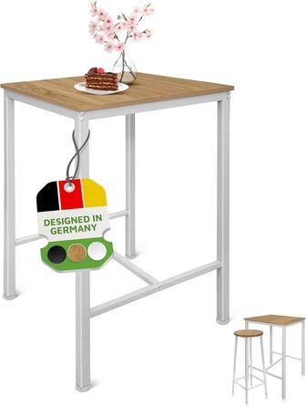Барний стіл BeFair з дуба та білого кольору, 60x60 см, індустріальний дизайн, металеві ніжки, з підніжкою