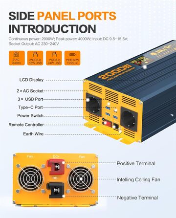 Інвертор потужністю 2000 Вт Чиста синусоїда постійного струму від 12 В до 230 В змінного струму з 2 розетками для зарядки змінного струму Автомобільні та сонячні перетворювачі енергії для транспортних засобів та дому РК-дисплей та USB-порти для зарядки 2.
