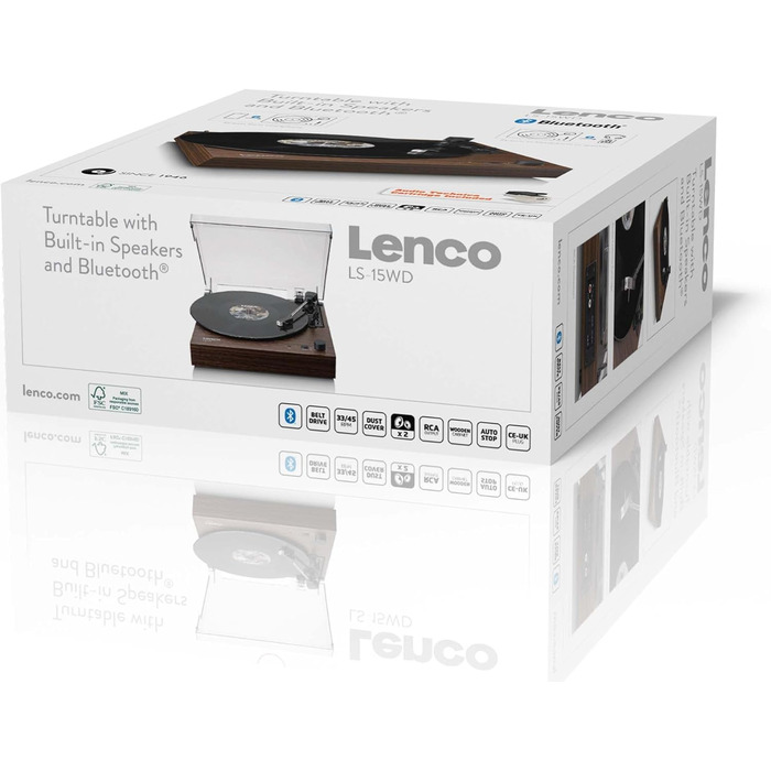 Програвач вінілу Lenco LS-15BK Bluetooth, 2 вбудовані динаміки, AT3600L, ремінний привід, автостоп, 33/45 об/хв, AUX, RCA, коричневий