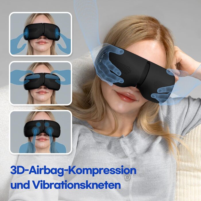 Масажер для очей HubiCare з підігрівом та охолодженням, компресією та вібрацією. Зняття мігрені, сухих очей, втоми. Bluetooth, білий (чорний)