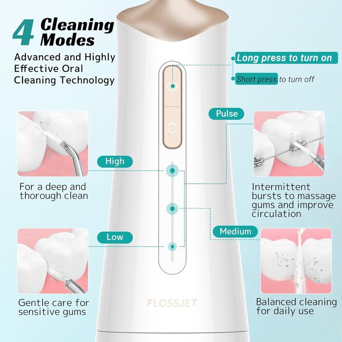 Бездротова портативна електрична ірригатор для рота FlossJet з 4 режимами, 5 насадками, об'ємом 300 мл та USB-C зарядкою. Ідеальна зубна гігієна та догляд за яснами. (Білий/Опудалий сад)