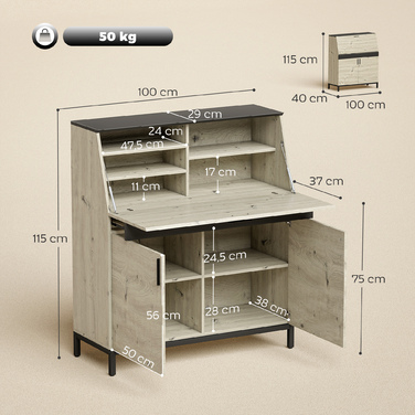 Промисловий письмовий стіл-секретар з полицями та металевим каркасом 100 см, натуральне дерево та чорний колір