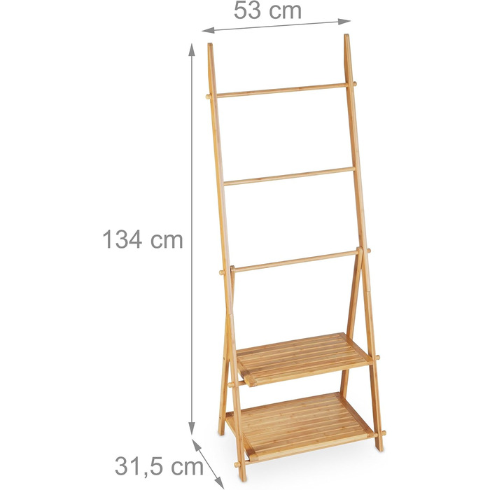 Сходи для рушників бамбук, 3 стовпи, 2 полиці, складні, 134x53x31.5 см, стояча рушникосушка натуральна