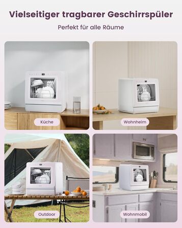 Посудомийна машина HAVA для столу з пом'якшувачем води та підвищеною енергоефективністю, 8 програм миття, блокування від дітей та відкладений старт, не потребує встановлення - ніжний лавандовий колір, TDJR09