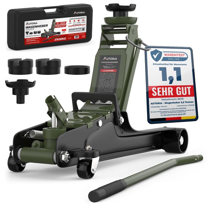 Гідравлічний домкрат Wagenheber 2.5T низькопрофільний для легкових авто та авто з низькою посадкою, зелений оливковий, до 2500 кг, з кейсом та 3 гумовими накладками