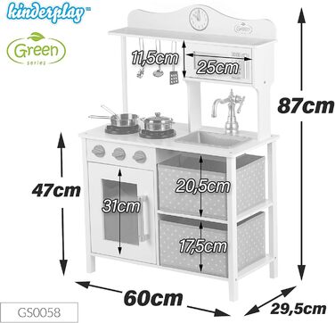 Дерев'яна дитяча кухня Kinderplay з LED та звуками приготування їжі, регульована висота 92–107 см, ігровий набір для дітей від 3 років, повний комплект з аксесуарами, світло-сірий колір (Vintage - White)