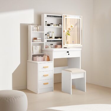 Дзеркальний туалетний столик DATO з LED-підсвічуванням, 3 колірні температури та регулюванням яскравості, з пуфом, 5 шухляд та 3 полиці, розсувний дзеркало