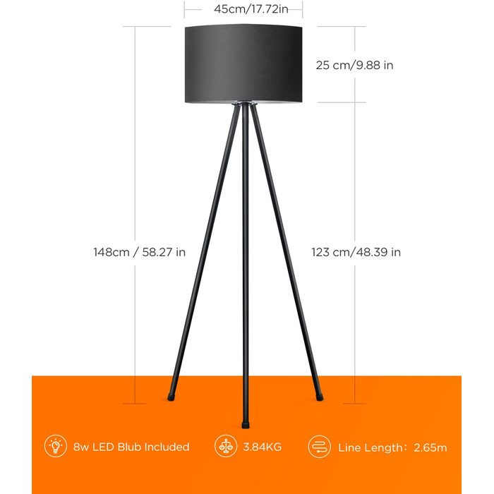Світлодіодна підлогова лампа Tomons з димером, чорна. Сучасна торшер на тринозі з металу для вітальні та спальні, лампа для читання