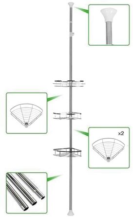 Полиця для душу THINFAR, полиця для ванної з 4 піддонами, душова кабіна, свердління не потрібно, телескопічна полиця для душу з нержавіючої сталі нержавіюча сталь регульована по висоті 110-280 см (3 ступені)