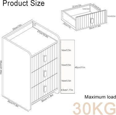 Нічний столик з 3 шухлядами, білий, для спальні та вітальні