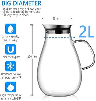Скляна джезва для води з боросилікатного скла, 2 л, з нержавіючою кришкою