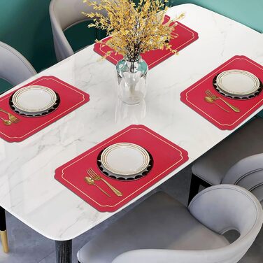 Набори підставки під тарілки Fanquare, 6 шт., зелені, прямокутні, з екошкіри, з золотим кантом. Стійкі до нагрівання, миючіся, антиковзаючі підставки для обіднього столу, весільної декоації. Розмір 45 * 30 см.