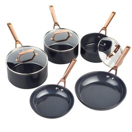 Набір посуду Ninja Extended Life з керамічним покриттям (5 предметів): сковороди 20 та 24 см + каструлі з кришками 16, 18 та 20 см, антипригарне покриття (без PFOA, PFOS, свинцю та кадмію), безпечне для духовки до 285°C, колір мідний/чорний