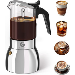 Кавоварка Espresso Gator для плити, мока-каструля з прозорого скла та нержавіючої сталі - кава по-італійськи, 9 чашок (450 мл), нержавіюча сталь