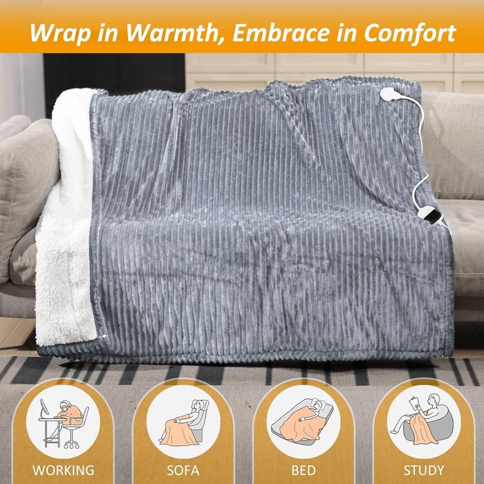Електрична ковдра ITSHINY 180x135 см з цифровим регулятором, 6 режимів нагріву, таймер 1-10 годин, захист від перегріву, пральна машина, м'який фланель, сірий колір