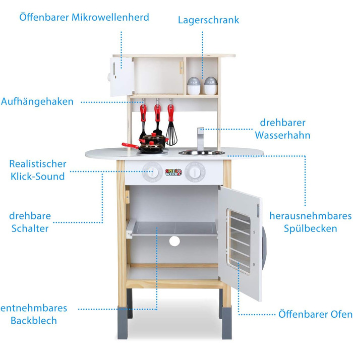 Дитяча кухня Spielwerk зі звуком, дерев'яні аксесуари, регулювання висоти, годинник, 38 шт. (Happy Kitchen)