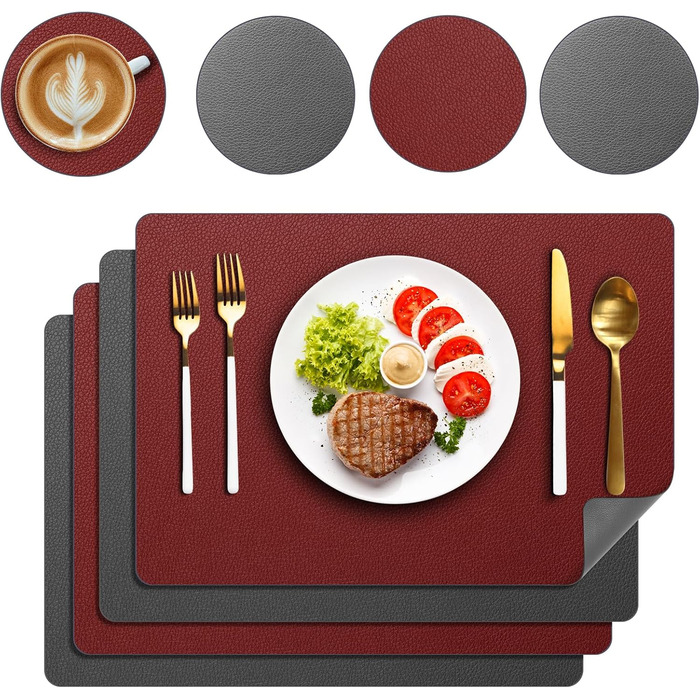 Набори підставки під тарілки, 6 шт, ефект шкіри, миючі, 43x30 см (червоний/сірий)