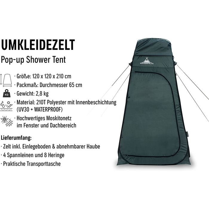Намет Wanderfalke® XL Pop Up, роздягальня, туалет, душ 120x120x210 см для відпочинку на природі, кемпінгу, риболовлі, пляжу, з сумкою (Хвойний зелений)