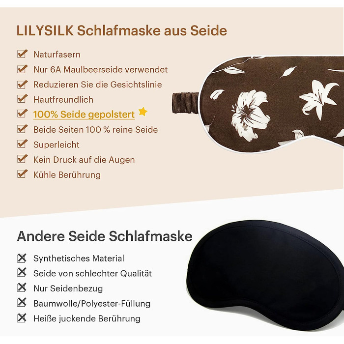 Маска для сну LILYSILK, 2 упаковки, жіноча і чоловіча, з 100 шовку, підходить для алергіків / ідеально підходить для сну / окуляри для сну, маска для очей, нічна маска-чорний рожевий з 2 парами затичок для вух (коричневий)