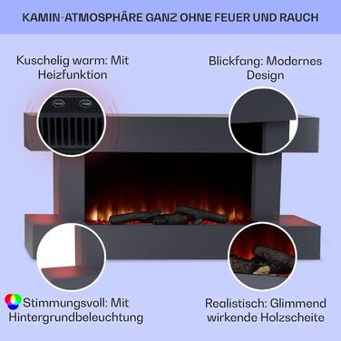 Електрокамін Klarstein Light & Fire 2 Smart, 2000 Вт, LED-імітація полум'я, настінний, з пультом і таймером, економний, корпус з МДФ, білий/чорний