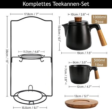 Керамічний набір чайників 1 л з ситечком, 4 чашки (300 мл), бамбукова підставка, чорний з решіткою