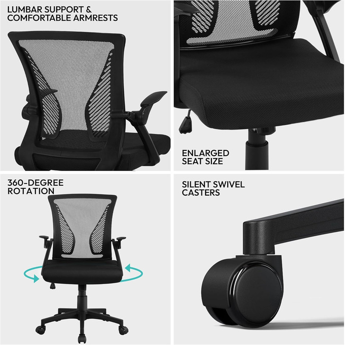 Офісний стілець Yaheetech ергономічний з сітчастою спинкою, регульований, з підлокітниками, для комп'ютера до 136 кг, чорний, з відкидними підлокітниками