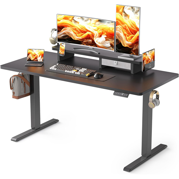 Електричний стіл-трансформер WALKINGDESK з шухлядою та підставкою для монітора, регульований письмовий стіл 140x61 см для домашнього офісу, ергономічний стіл для роботи стоячи та сидячи, чорний, з тримачем для телефону та 3 гачками