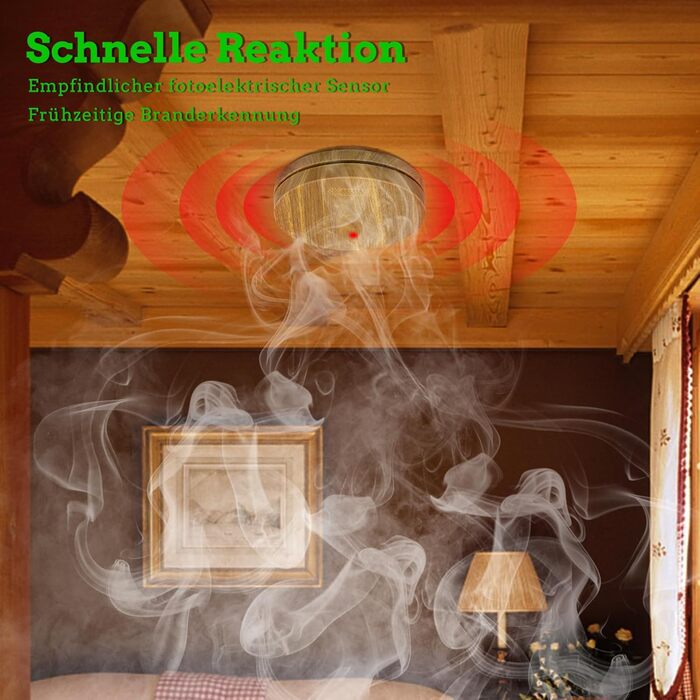 Датчик диму Rauchmelder з батареєю на 10 років, плоский, сертифікований TÜV Rheinland, з функцією вимкнення звуку, гучний 85dB сигнал, автономний, чутливий до вогню, білий (набір 6 шт., колір дерева)
