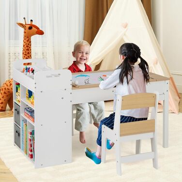 Детский стол Dreamade 3 в 1 с 2 стульями из дерева, стол для рисования с откидной столешницей и 2 тканевыми ящиками & рулон бумаги, детская мебель с хранением для детской комнаты (Натуральный, с 7 секциями)