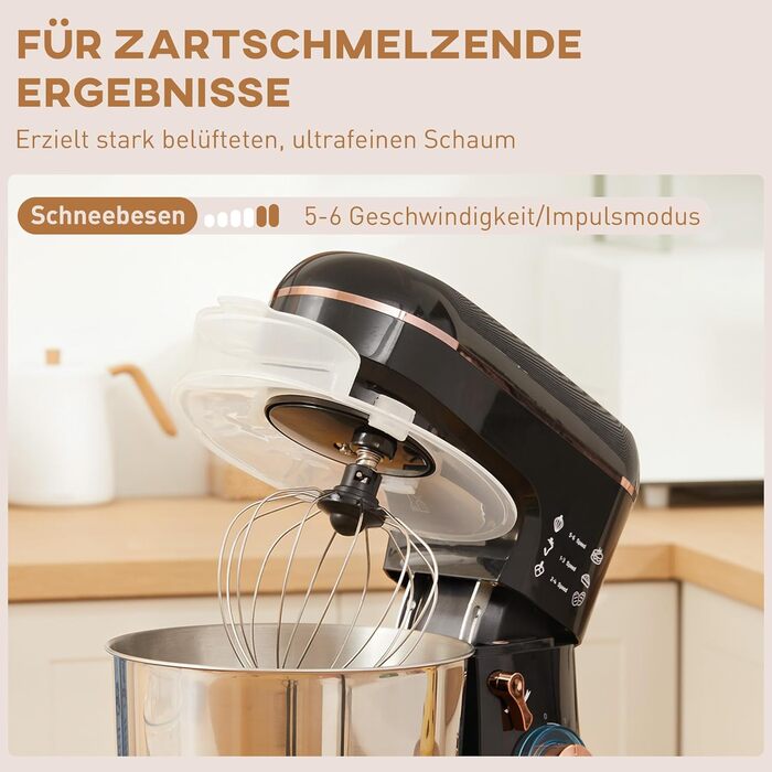 Кухонна машина HOMCOM 1400W з чашею 5.5л з нержавіючої сталі, 6 швидкостей, міксер для тіста, з набором насадок