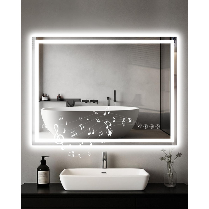 Дзеркало для ванної кімнати Habison з підсвічуванням LED, 50x70 см, сенсорне керування, регулювання яскравості, 3 колірні температури, функція пам'яті, протитуманне покриття, Bluetooth, матова центральна частина