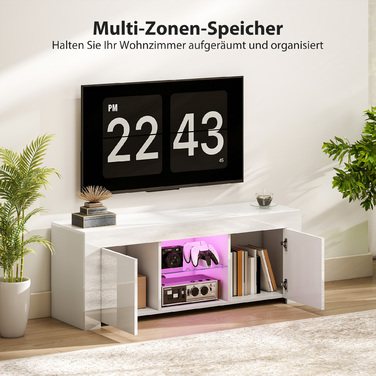 Телевізійна тумба з LED-підсвіткою, 2 дверцятами, скляною полицею, отворами для кабелів, для вітальні, виготовлена з ДСП, білого кольору.