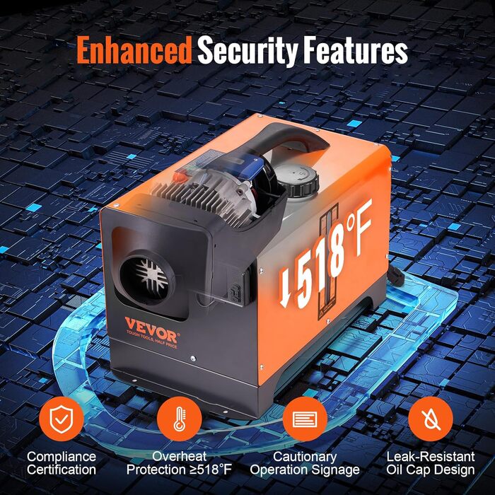 Автономний дизельний опалювач VEVOR 12V 5kW з LCD-дисплеєм, пультом дистанційного керування та Bluetooth, 0.16-0.52 л/год, помаранчевий