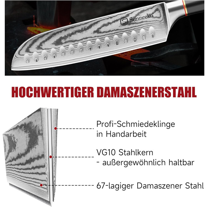 Ніж Sunnecko Дамаск 20см: професійний кухонний ніж з високоякісної сталі Дамаск - гострий ніж для м'яса, стейків, овочів. Ідеальний подарунок для кухаря.