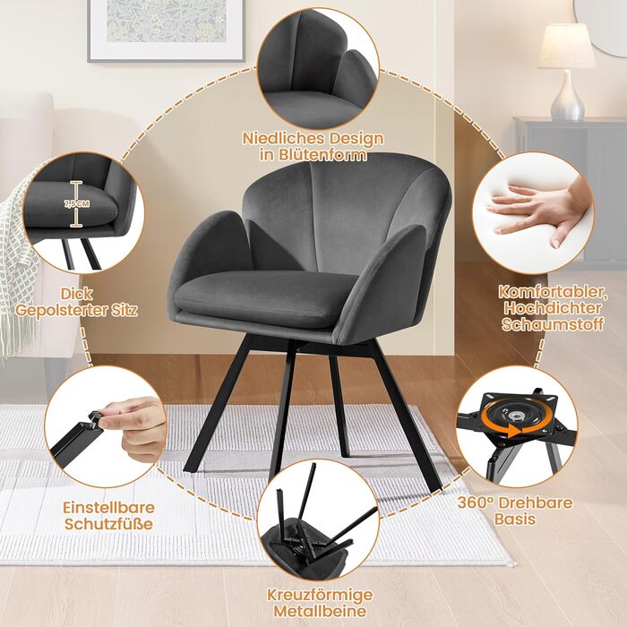 Офісний стілець Yaheetech 360° обертовий, оксамитовий, з подвійним сидінням, крісло для макіяжу, для офісу/спальні/вітальні, темно-сірий