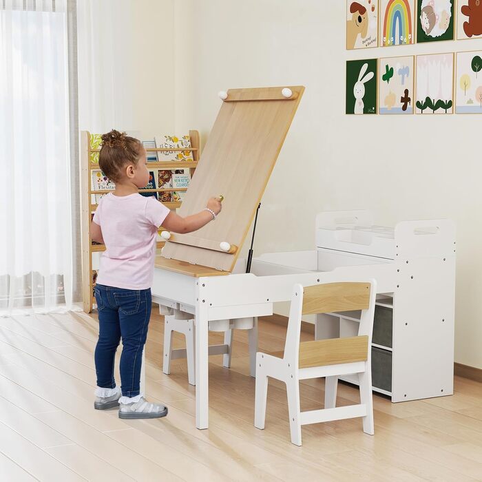 Дитячий стіл COSTWAY 3 в 1 з 2 стільцями: стіл для малювання, мольберт, місце для зберігання. Дерев'яний дитячий стіл-трансформер, 120 x 60 x 60 см (натуральний колір).