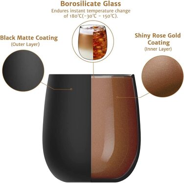 Скляні стакани для пиття з нержавіючої сталі 450 мл, Набір з 2 чорних матових склянок для води з внутрішньою стінкою з боросилікатного скла для латте і макіато з рожевого золота