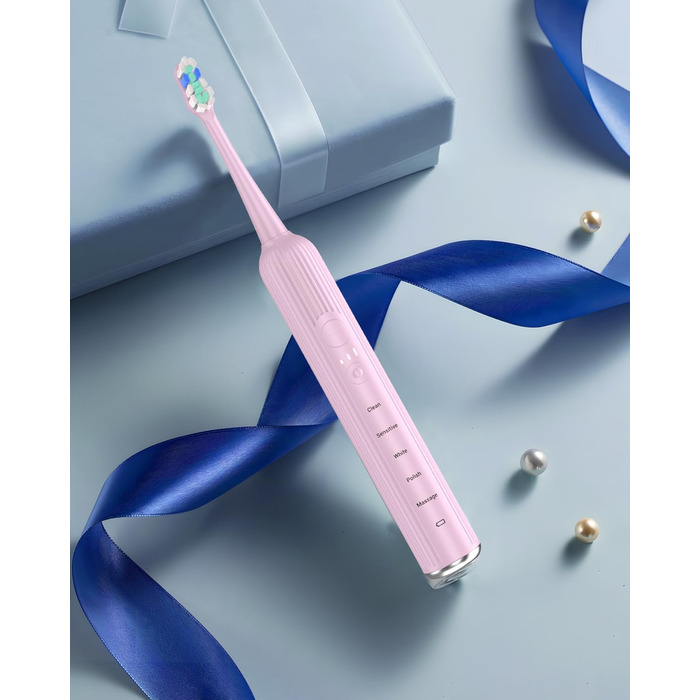 Електрична зубна щітка звукового типу для дорослих та дітей, 5 режимів чищення, 3 рівні інтенсивності, таймер, 8 насадок, чохол для подорожей, рожевий колір