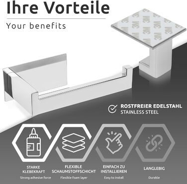 Тримач для туалетного паперу 2 шт. гачок для рушників без свердління, набір для ванної кімнати Самоклеючі аксесуари для ванної кімнати - нержавіюча сталь 304, вішалка для рушників тримач туалетного паперу (хром)