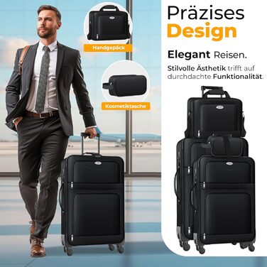 Набір валіз KESSER® 4-в-1: чорний дорожній набір з TSA-замком, 360° колесами та телескопічною ручкою | Чемодан, сумка для косметики, ручна поклажа, велика валіза для подорожей та бізнесу