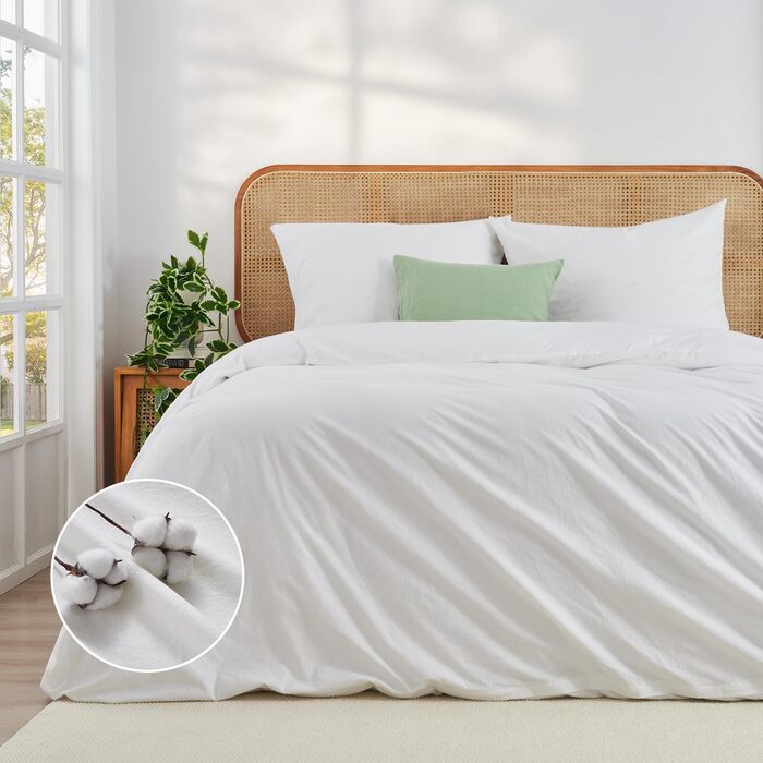 Бетліна 200x220 з бавовни бежевого кольору, супер м'яка, 100% предмита бавовна з льоноподібною структурою, сертифікат ÖKO-TEX. Комплект постільної білизни 200x220 з двома наволочками 80x80 з блискавкою (135x200 см, білий)