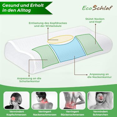 Ортопедична подушка EcoSchlaf® 2025 Premium з підтримкою шиї – сертифікована – для тих, хто спить на боці. З м'якої піни Memory Foam. Ергономічна подушка для шиї, зменшує біль у шиї, регульована висота.